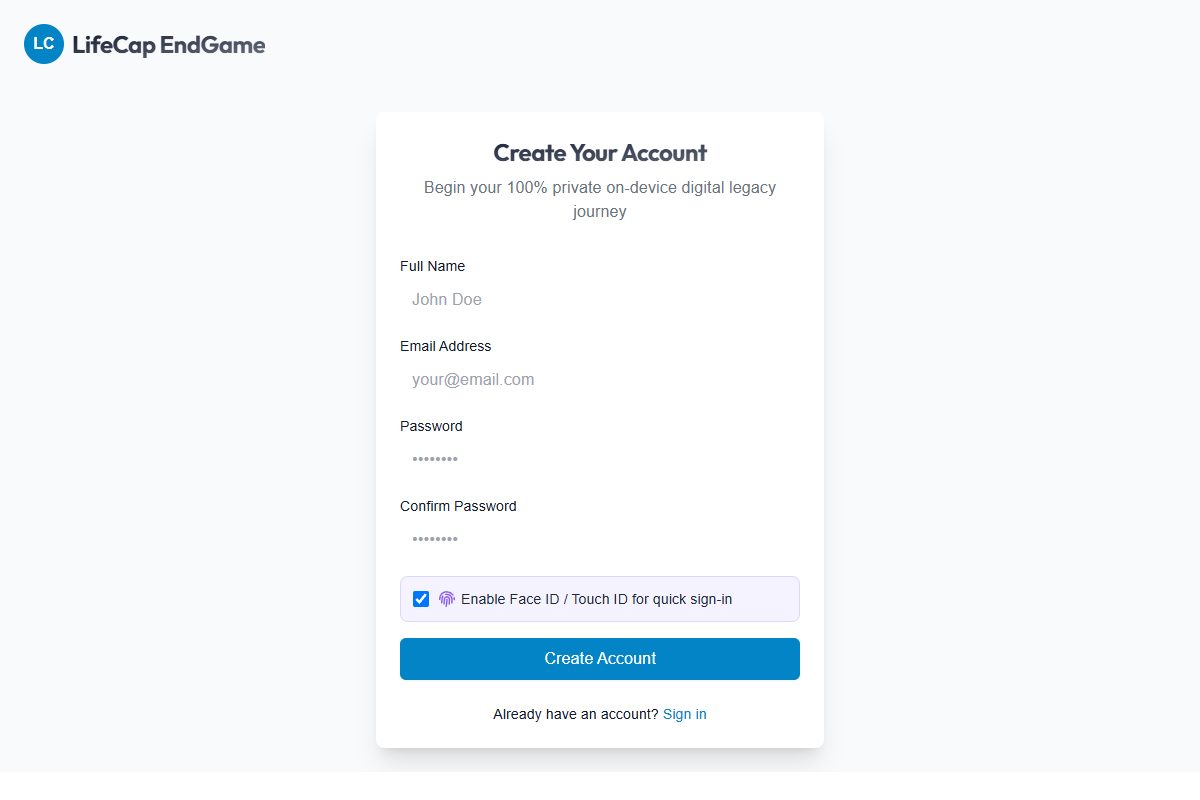 LifeCap public create-account screen